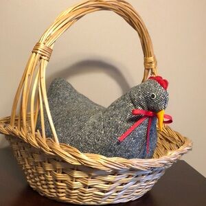 Vintage Estate Handmade Tweed Fabric Stuffed Hen + Wicker Basket
